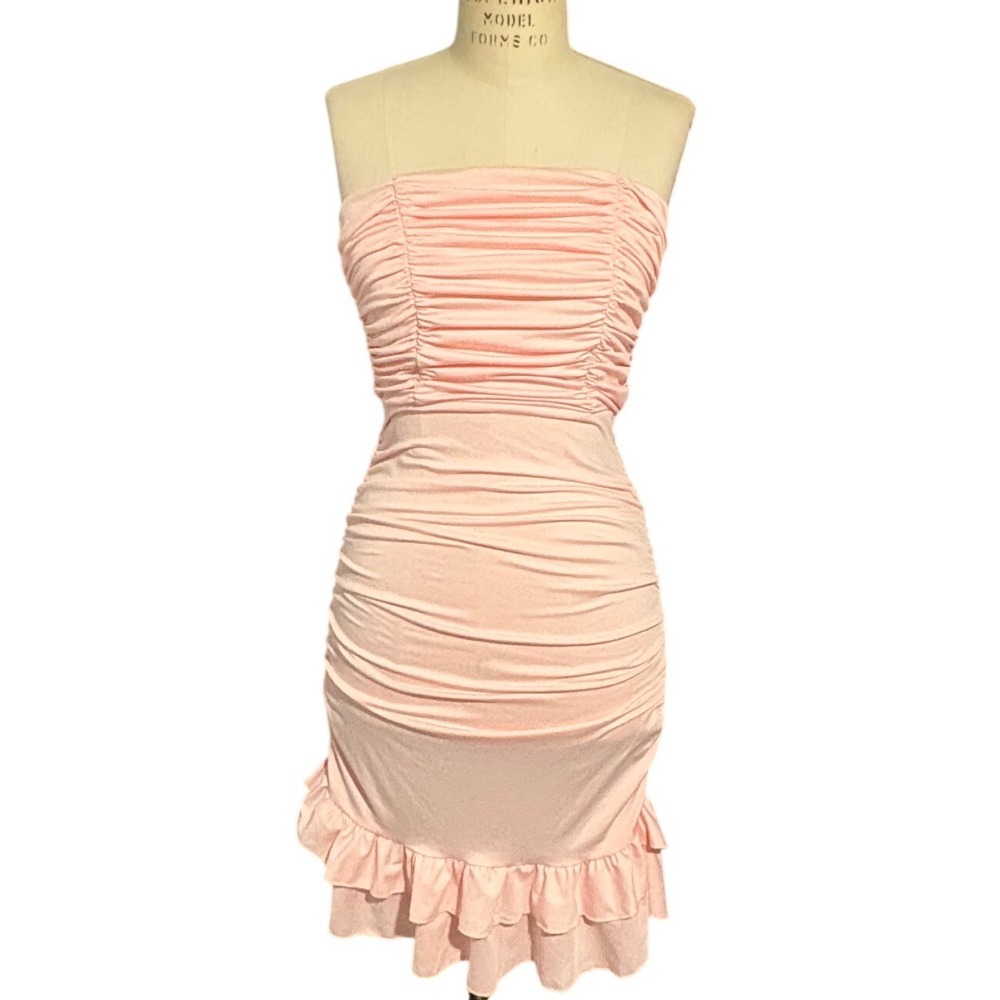 NWT Pink Strapless Ruche bodycon Dress Ruffle Hem Bow Back Mini S Wedding Brunch
